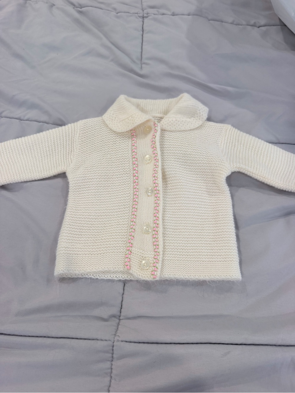 Vintage Classic Cream Knit Baby Cardigan with Pink Trim